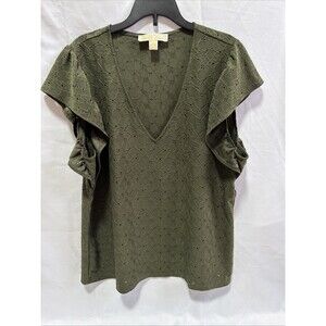 Michael Kors Top Womens Large Green Blouse Ruffle Floral Boho Cottage Fairy